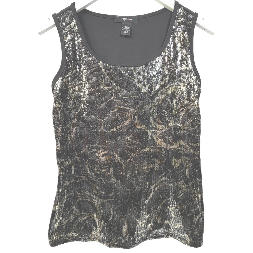 Style & Co Sequin Tank Top Metallic Swirl‎ Embellished Holiday Party Black Small